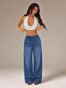 SHEIN PETITE 女款休閒水洗直筒牛仔褲 - 藍色 - 查看 7