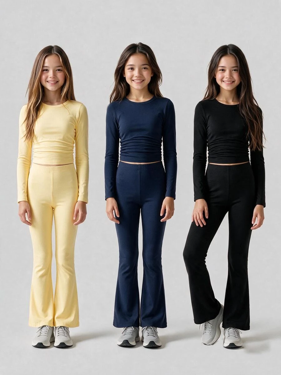 SHEIN 青少年女孩秋季套裝上衣 運動休閒牛仔風圓領短袖/長袖上衣 + 喇叭腿緊身針織運動健身褲 海軍藍 健身房校園穿搭 - 彩色 - 查看 1
