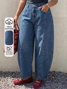 Dazy Plus Solid Color Loose Curved Leg Casual Streetwear Summer Denim Cropped Jeans Fall - Medium Wash - View 1