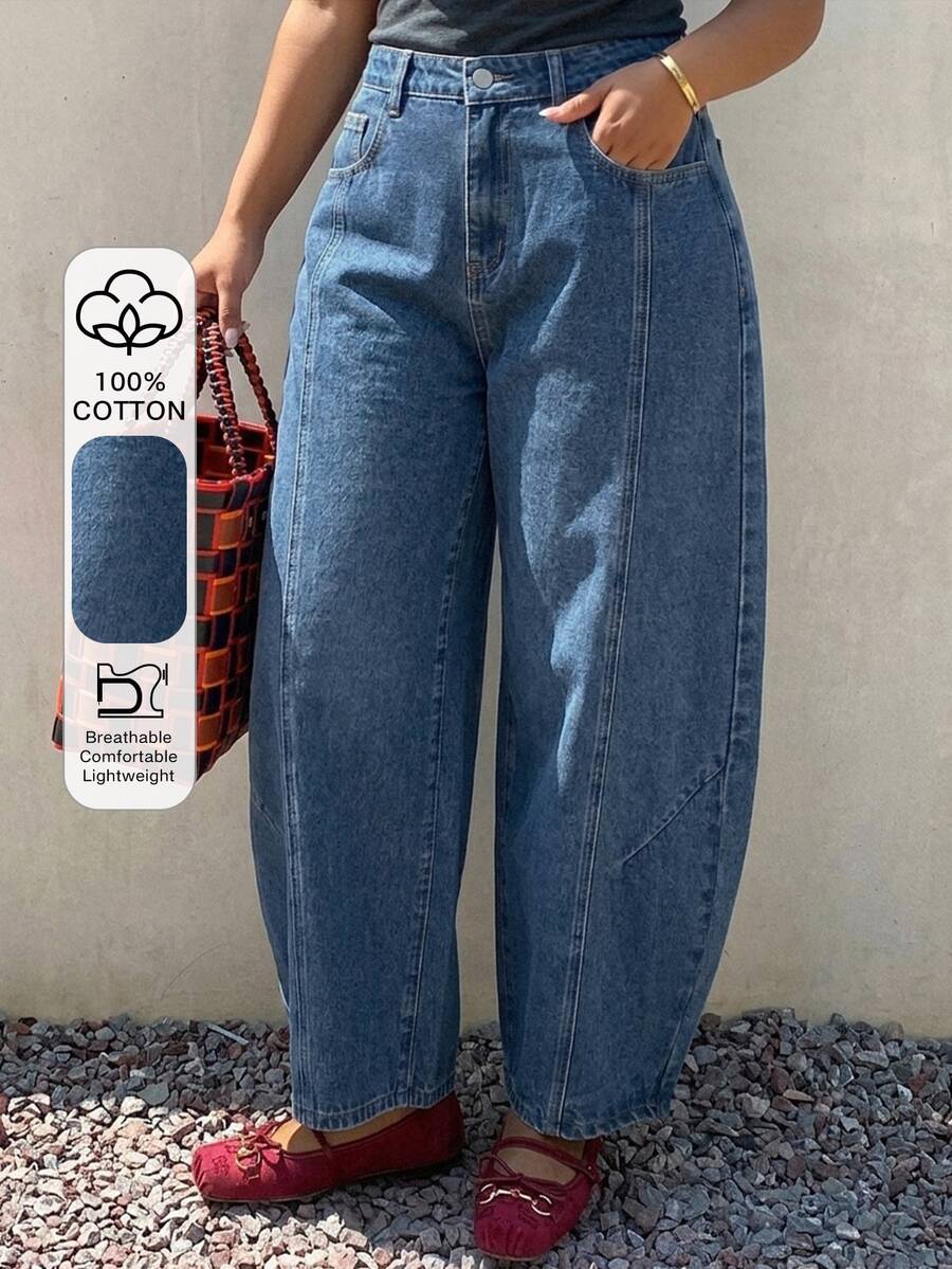 Dazy Plus Solid Color Loose Curved Leg Casual Streetwear Summer Denim Cropped Jeans Fall - Medium Wash - View 1