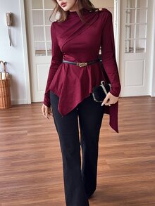 Feyla New Design Asymmetrical High Neck Slim Fit Fashion Ribbon Versatile Long Sleeve Top - Burgundy - View 6