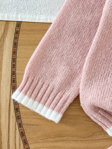 SHEIN Conjunto de 2 piezas de suéter de punto de cable bordado y pantalones de pierna ancha para niña bebé, atuendo versátil casual y sencillo para uso diario, tela suave y cómoda amigable con la piel con buen ajuste, adecuado para parque de atracciones, actividades padres-hijos y fotos, estilo princesa dulce y lindo con un aspecto exquisito y vibrante, tela suave y delicada de alta calidad que vale la pena tener - Rosa vieja - Ver 4