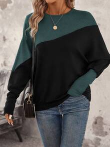SHEIN LUNE 女款拼色休閒日常長袖運動衫 - 綠色 - 查看 6