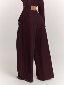 SHEIN BAE 女款純色口袋百褶寬腿寬鬆西裝長褲 - 紫紅色 - 查看 2