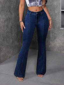 SHEIN CURVE+ Plus Size Women's Stretch Denim Flare Leg Pants - Dark Wash - View 3