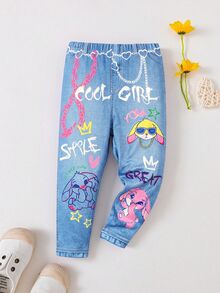 SHEIN 女嬰卡通圖案丹寧效果印花長褲，適合日常穿著 - 藍色 - 查看 5