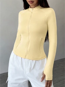 SHEIN Unity 女款純色前拉鍊長袖極簡休閒夾克，春秋款 - 米色 - 查看 8