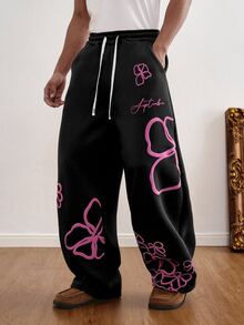 TOKVUE Y2K Men's Casual Colorblock Letter Print Drawstring Waist Sports Pants, Men's Printed Sweatpants, - Black - View 1