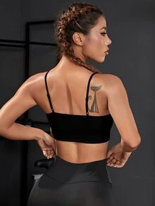 Powerista 1 قطعة حمالة صدر عادية/قماش مضلع+تصميم حزام مستقيم قابل للتعديل/أسلوب أساسي+أسود+لياقة بدنية/يوغا - الأسود - مشاهدة 2