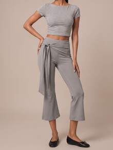 SHEIN BAE Women Grey High Waist Flare Drawstring Pants Gym Workout Training Running Yoga Athletic Activewear - Light Grey - View 6