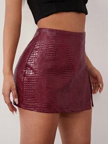 SHEIN SXY 女款仿鱷魚紋側開衩下擺時尚裙褲 - 酒紅色 - 查看 5