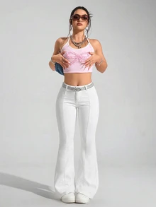 Jeanoix Celana Jeans Model Flare Ketat Seksi Stretch Putih Gaya Y2K untuk Wanita Ukuran Plus untuk Festival - Putih - View 3