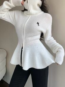 Feyla Women's Knight Graphic Zipper Casual Versatile Daily Long Sleeve Sweater - White - View 5