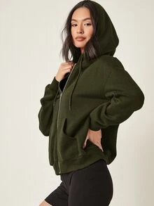 SHEIN BASICS 舒適抓絨落肩拉鍊連帽衛衣，秋冬長袖上衣 - 軍綠色 - 查看 5