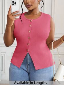 SHEIN PETITE CURVE 大尺碼女款休閒優雅純色前扣無袖針織上衣，夏季服飾 正式約會之夜舞會 粉色 辦公商務 - 粉色 - 查看 1