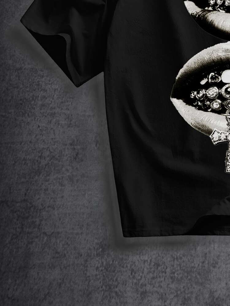 Manfinity ZONE917 Men's Hip Hop Lips Graphic Print Crew Neck T-Shirt (Fixed Price) - Black - View 4