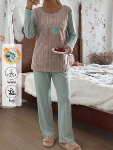 SHEIN Women 2 Pcs Slogan Embroidery Fuzzy Rib Knit Long Sleeve Long Pants Casual Winter Pajama Lounge Set - Multicolor - View 1