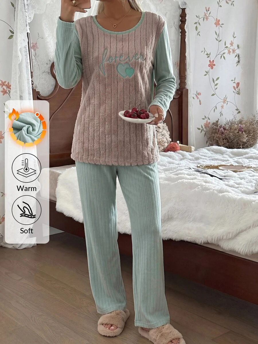 SHEIN Women 2 Pcs Slogan Embroidery Fuzzy Rib Knit Long Sleeve Long Pants Casual Winter Pajama Lounge Set - Multicolor - View 1