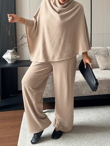 Dazy Plus Loose Asymmetrical Design Pullover Top & Long Pants 2 Pieces Set, Elegant Outfit, Spring/Autumn New Arrival - Khaki - View 5