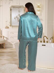 MuseNap CURVE Classic Striped Elegant Open Front Lapel Long Sleeve Pants Women Plus Size Pajama Set - Green - View 2