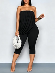 SOLERSUN Plus-Size Women's Ruched Bodysuit Jumpsuit, Perfect For Parties, Vacations, And Versatile Casual Occ - Black - View 2