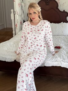 CottageSlumber Super Soft Ribbed Plus Size Women's Pajama Set Casual Ditsy Floral Loungewear - White - View 6