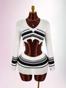 Amplova Black White Gray Striped Long Sleeve Distressed Fitted Bodycon Mini Knit 2 Pieces Set - Black and White - View 2