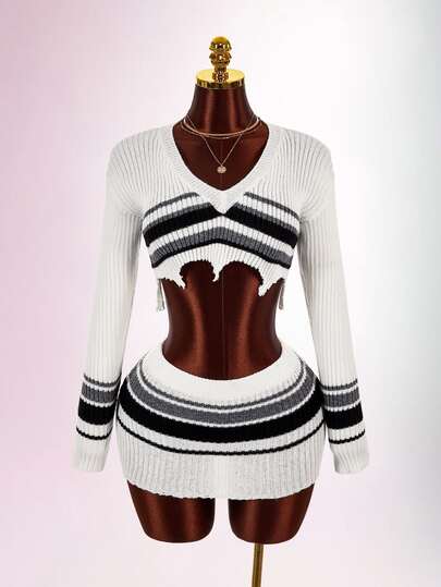 Amplova Black White Gray Striped Long Sleeve Distressed Fitted Bodycon Mini Knit 2 Pieces Set