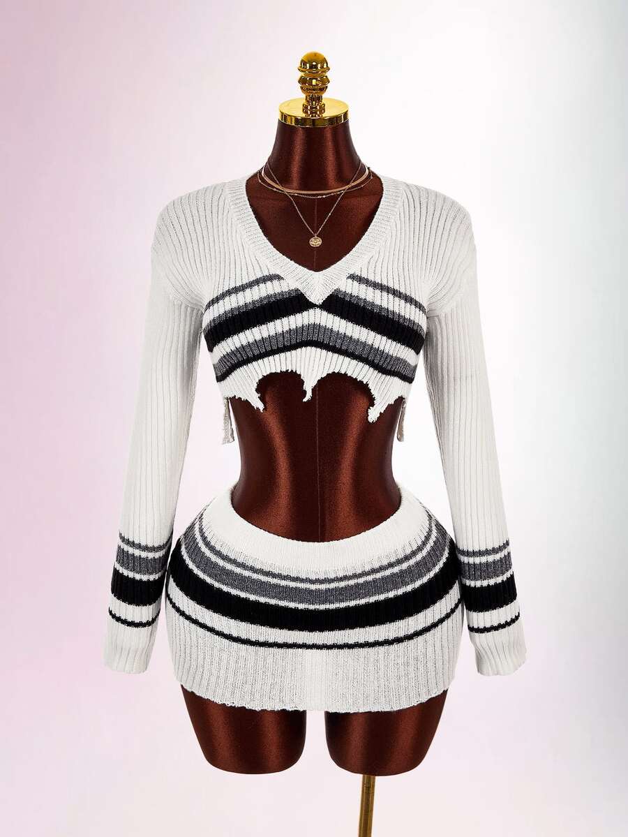 Amplova Black White Gray Striped Long Sleeve Distressed Fitted Bodycon Mini Knit 2 Pieces Set - Black and White - View 1