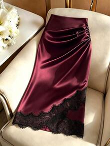 GlowEve Women's Pleated Contrast Lace Hem Elegant Skirt - Burgundy - View 1