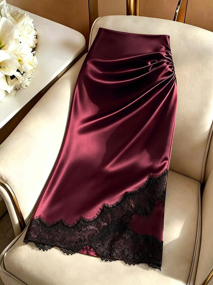 GlowEve Women's Pleated Contrast Lace Hem Elegant Skirt - Burgundy - View 1