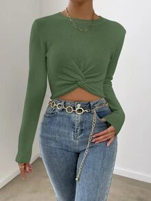 SHEIN Raffinéa 女款素色圓領長袖扭轉下擺設計修身套頭毛衣 - 墨綠色 - 查看 6