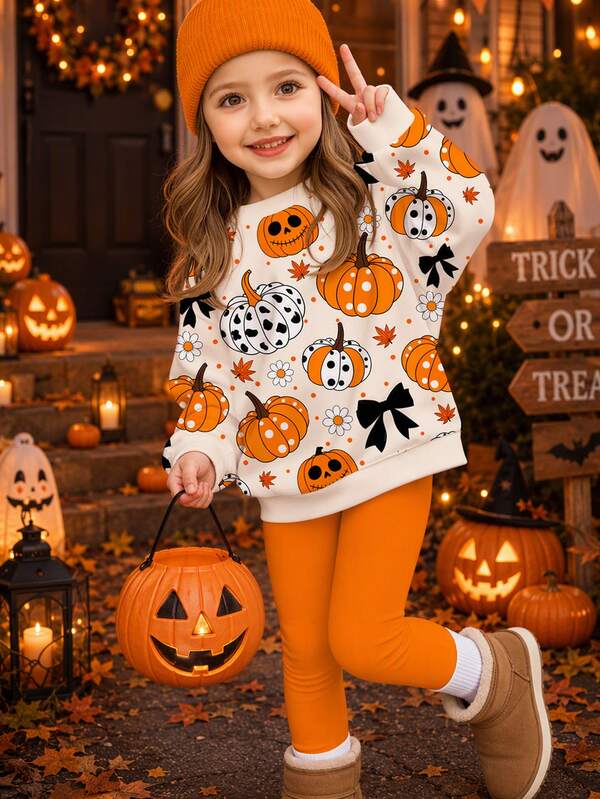 SHEIN Halloween, Young Girl Casual Cute Polka Dot Pumpkin Pattern, Sweet Creamy Pink, Crew Neck Long Sleeve Sweatshirt & Leggings 2-Piece Set, Suitable For Autumn/Winter Party Looks, Fall Clothes, Kawaii, Festival