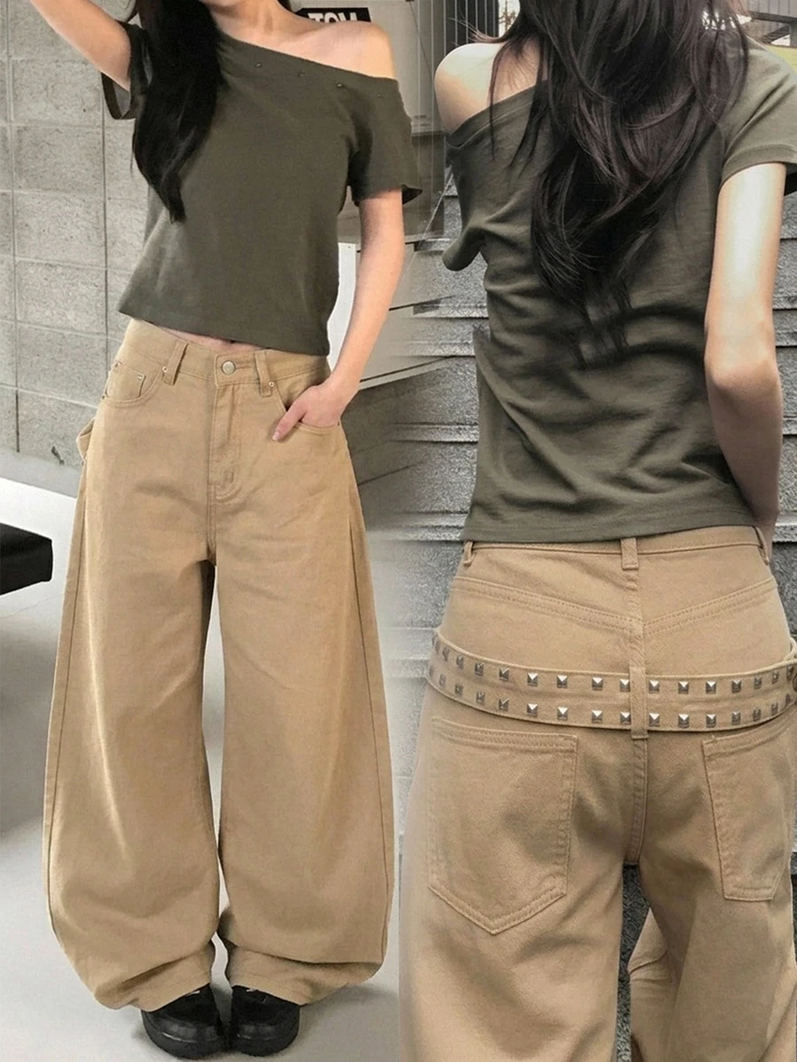 DAZY Women's Washed Heavy-Duty Korean Style Loose Fit Jeans - Khaki - View 1