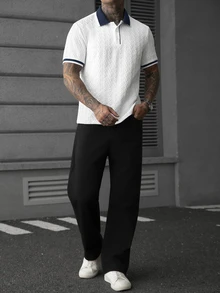 Manfinity Homme 男士時尚休閒短袖 Polo 衫，男士針織提花上衣，圖案短袖 Polo 衫，復古風格，日常休閒 - 白色 - 查看 4