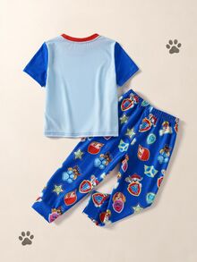 Maija Kids SHEIN | PAW Patrol Maija Kids 小男孩夏季可愛休閒卡通圖案短袖T恤與鬆緊腰長褲套裝 - 藍色 - 查看 3