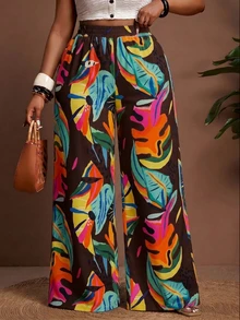 Veslaya Plus Size Tropical Plant Print Loose Wide Leg Pants Fall - Multicolor - View 3