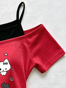 SHEIN Sparklyn 青少年女孩可愛兔子蝴蝶結貓咪動物圖案字母印花露肩短袖T恤，秋季休閒上衣 - 彩色 - 查看 4
