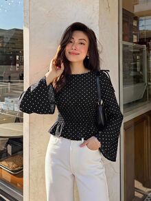 Serisse Women's Polka Dot Print Round Neck Long Sleeve Ruffle Hem Blouse - Black - View 1