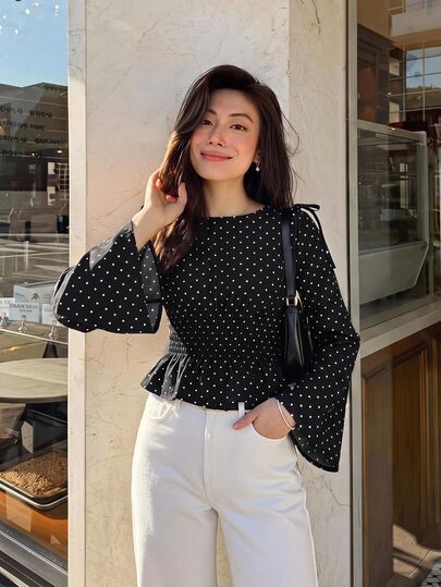 Serisse Blus Wanita Motif Polkadot Leher Bulat Lengan Panjang dengan Hiasan Ruffle di Bagian Bawah