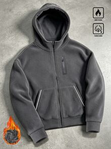 Manfinity Homme Autumn/Winter New Men's Fleece Hooded Jacket, Thickened Plush Lining, Multi-Pocket Zipper Loose Fit Grey - Grey - View 4