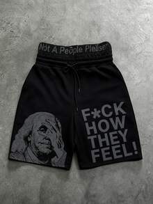 PAVTROS Men's Versatile Slogan Print Drawstring Waist Pocket Shorts Wide Leg - Black - View 5