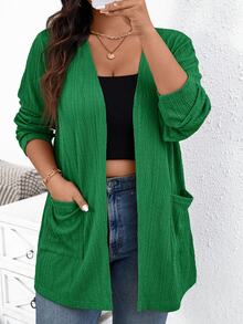 SHEIN Essnce 大尺碼女款純色休閒百搭日常長袖夾克 - 綠色 - 查看 3