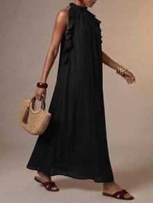 Zivah Women's Solid Color Patchwork Ruffle Halter Neck Dress For Vacation - Black - View 7