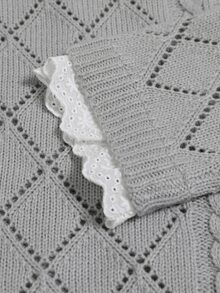 Linhara CURVE Plus Size Women's Autumn/Winter Round Neck Long Sleeve Hollow Lace Knit Sweater Pullover - Light Grey - View 6