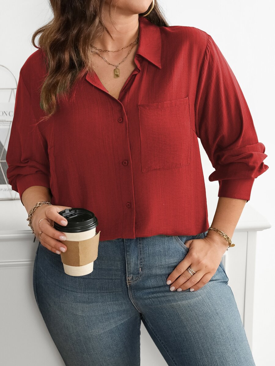 Vionelle Plus Size Solid Color Pocket Single-Breasted Long Sleeve Shirt - Burgundy - View 1
