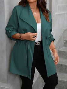 Vionelle Plus Size Women's Solid Color Long Sleeve Drawstring Waist Casual Jacket - Dark Green - View 3