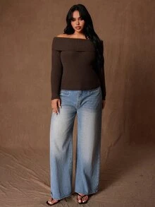 Rustia Plus Size Vintage Streetwear Off-Shoulder Long Sleeve Sweater Fall - Black - View 5