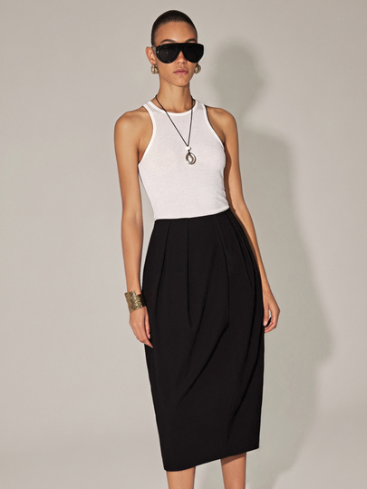 Anewsta Essential Elegant Commuter Pleated Women's Bud Black Woven Skirt