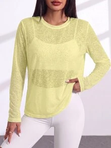 SHEIN Sovereign Charm تي شيرت رياضي كاجوال متعدد الاستخدامات بلون موحد وأكمام طويلة - أصفر فاتح - مشاهدة 5